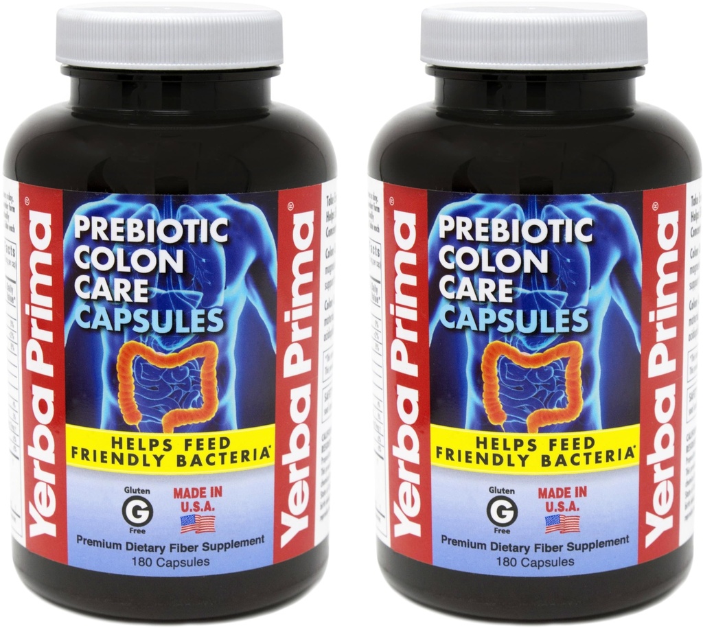 Yerba Prima Prebiotic Colon Care Capses Διαιτητικές Ίνες, 180 Count, (Pack of 2) - Five Forms of Fiber Plus FOS Prebiotics Supplement - Διαλυτά & αδιάλυτα για την Κανονικότητα & Πειθαρχία Υποστήριξη