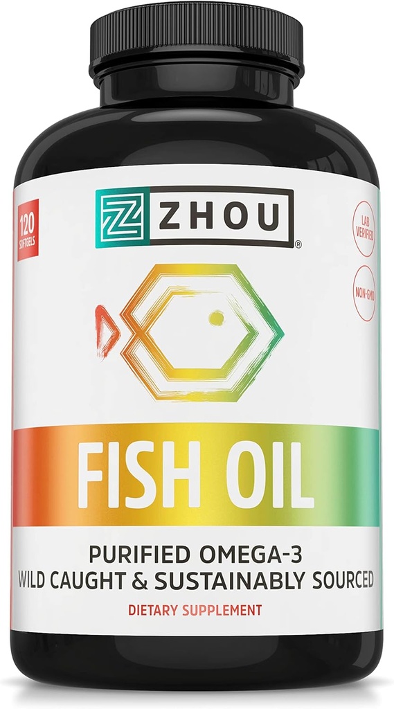 Zhou Fish Oil - Fish Oil συμπλήρωμα για γυναίκες & άνδρες, Ωμέγα 3 λιπαρά οξέα, φυσική πηγή DHA & EPA για ενήλικες, Burpless, καθαρό, καρδιά & κοινή υγεία - 120 Softgels