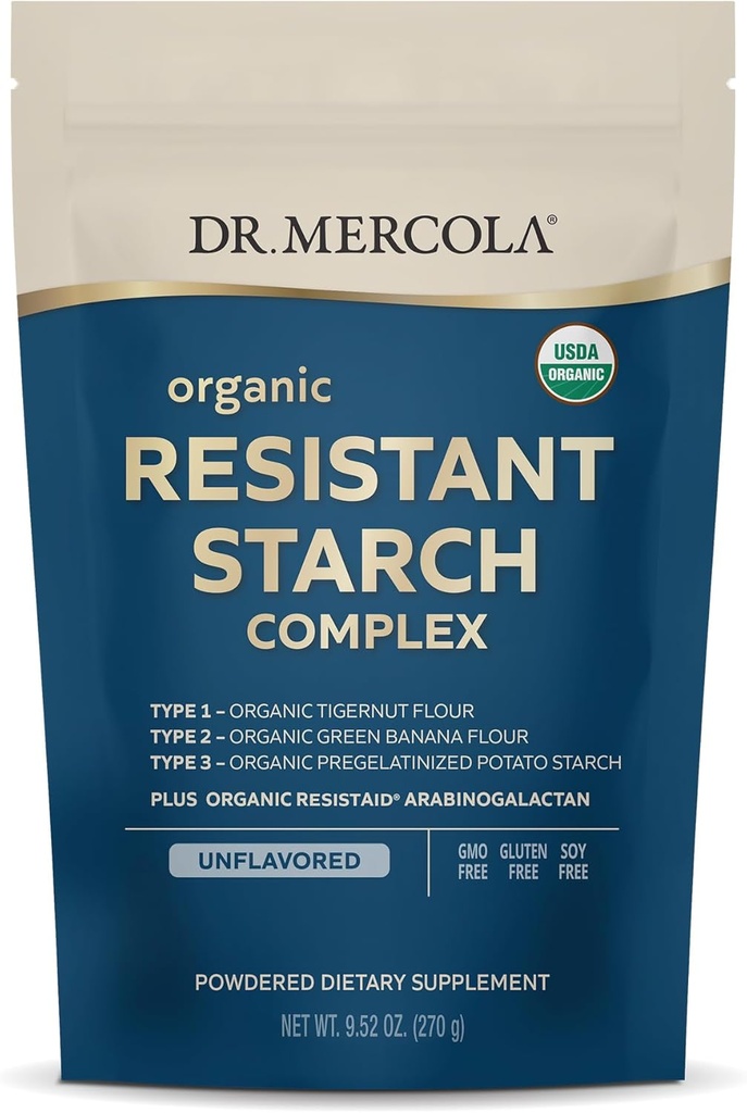 Dr. Mercola Organic Resistant Starch Complex - Supports Gut & Immune Health - Organic Green Banana, Tigernut Flour & Potato Starch - Χωρίς γλουτένη & χωρίς σόγια - Χωρίς γεύση - 9,52 oz (30 σερβιέτες)