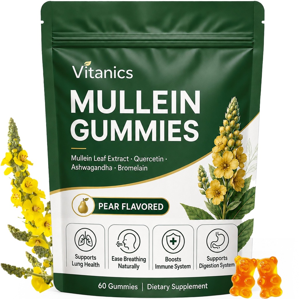 Mullein Gummies, Καθημερινή Gummys αναπνευστικής υγείας, 1000mg Mullein Leaf βότανο εκχύλισμα, Pear Flavor, Lung Health & Sinus Relief (30 Ημέρα προσφοράς)