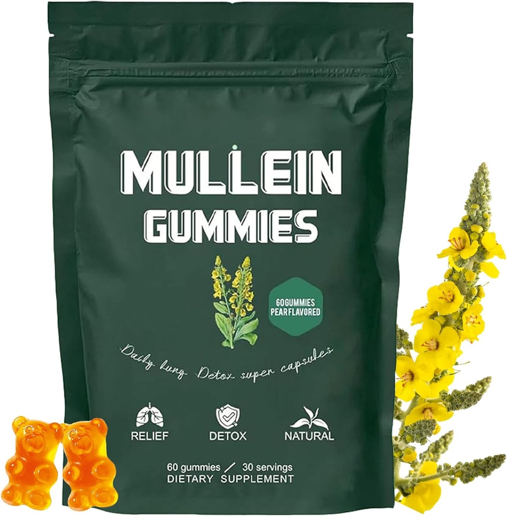 Mullein Gummies, Daily Respiratory Health Gummies,1000mg Mullein Leaf herb Extract, Pear Flavor, Lung Health & Sinus Relief (30 Day Supply)