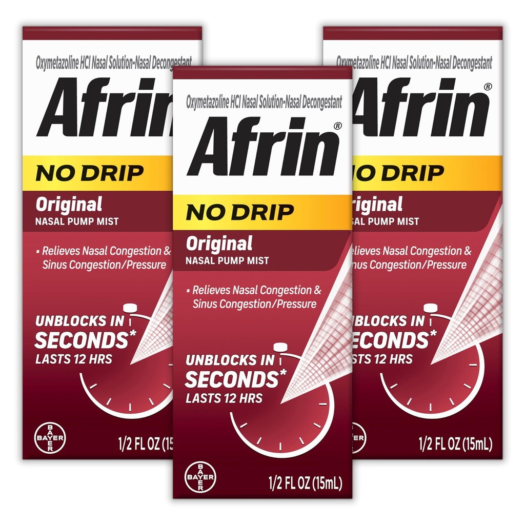 AFRIN No Drip Original Ρινική Mist Triple Pack, Μη Νυσταγμένο, Γρήγορο Συμφορητικό για Ρινική Συμφόρηση και Αρωγή Πίεσης, Ενήλικες και Παιδιά 6 και Μεγαλύτερα, .5 fl oz (Pack of 3)