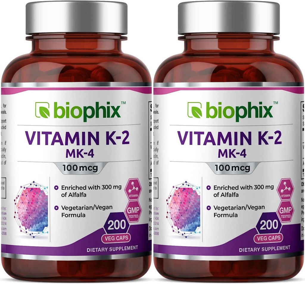 biophix Βιταμίνη K2 MK-4-100 mcg 200 Caps με Alfalfa 2 Pack - Υποστηρίζει Ισχυρή Οστά Ανοσοποιητική Υγεία