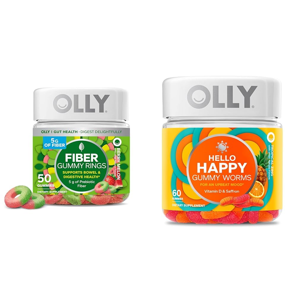 OLLY Gummy δαχτυλίδια ινών, 5g Prebiotic Fiber, FOS (Fructo-ολιγοσακχαρίτες), Digestive Support & Hello Happy Gummy Worms, Mood Balance Support, Vitamin D, Saffron, Adult Chewable Supplement
