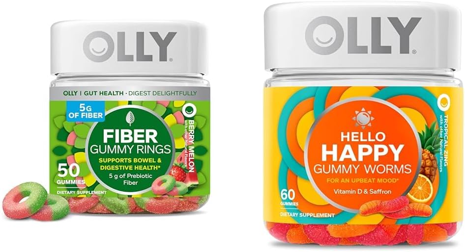 OLLY Gummy δαχτυλίδια ινών, 5g Prebiotic Fiber, FOS (Fructo-ολιγοσακχαρίτες), Digestive Support & Hello Happy Gummy Worms, Mood Balance Support, Vitamin D, Saffron, Adult Chewable Supplement
