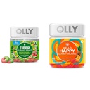 OLLY Gummy δαχτυλίδια ινών, 5g Prebiotic Fiber, FOS (Fructo-ολιγοσακχαρίτες), Digestive Support & Hello Happy Gummy Worms, Mood Balance Support, Vitamin D, Saffron, Adult Chewable Supplement