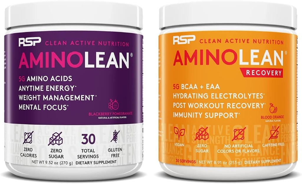 RSP NUTRITION AminoLean Pre Processing Energy (BlackBerry Ρόδι 30 Υπηρεσίες) με AminoLean Recovery Post Workout Boost (Blood Orange 30 Services)