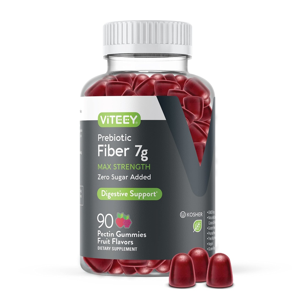 Viteey Prebiotic Fiber Gummies for Adults, 7g - Gut Health & Digestive Soluble Fiber Supplement Gummies - Zero Sugar Added, Vegan, Gluten-Free - 90 Count