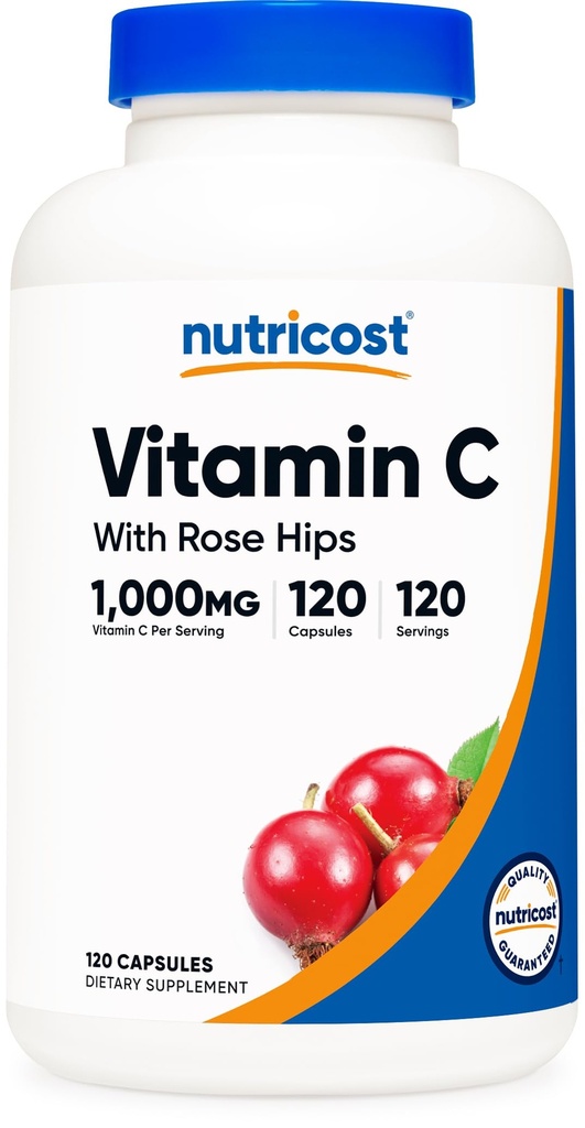 Nutricost Βιταμίνη C με Rose HIPS 1025mg, 120 Κάψουλες - Βιταμίνη C 1000mg, Rose HIPS 25mg, Premium, Μη ΓΤΟ, Χωρίς Γλουτένη Συμπλήρωμα