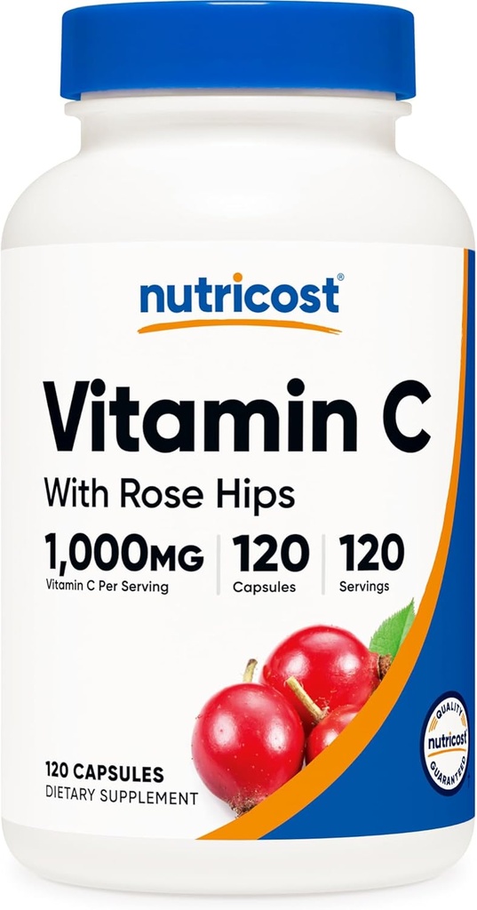 Nutricost Βιταμίνη C με Rose HIPS 1025mg, 120 Κάψουλες - Βιταμίνη C 1000mg, Rose HIPS 25mg, Premium, Μη ΓΤΟ, Χωρίς Γλουτένη Συμπλήρωμα