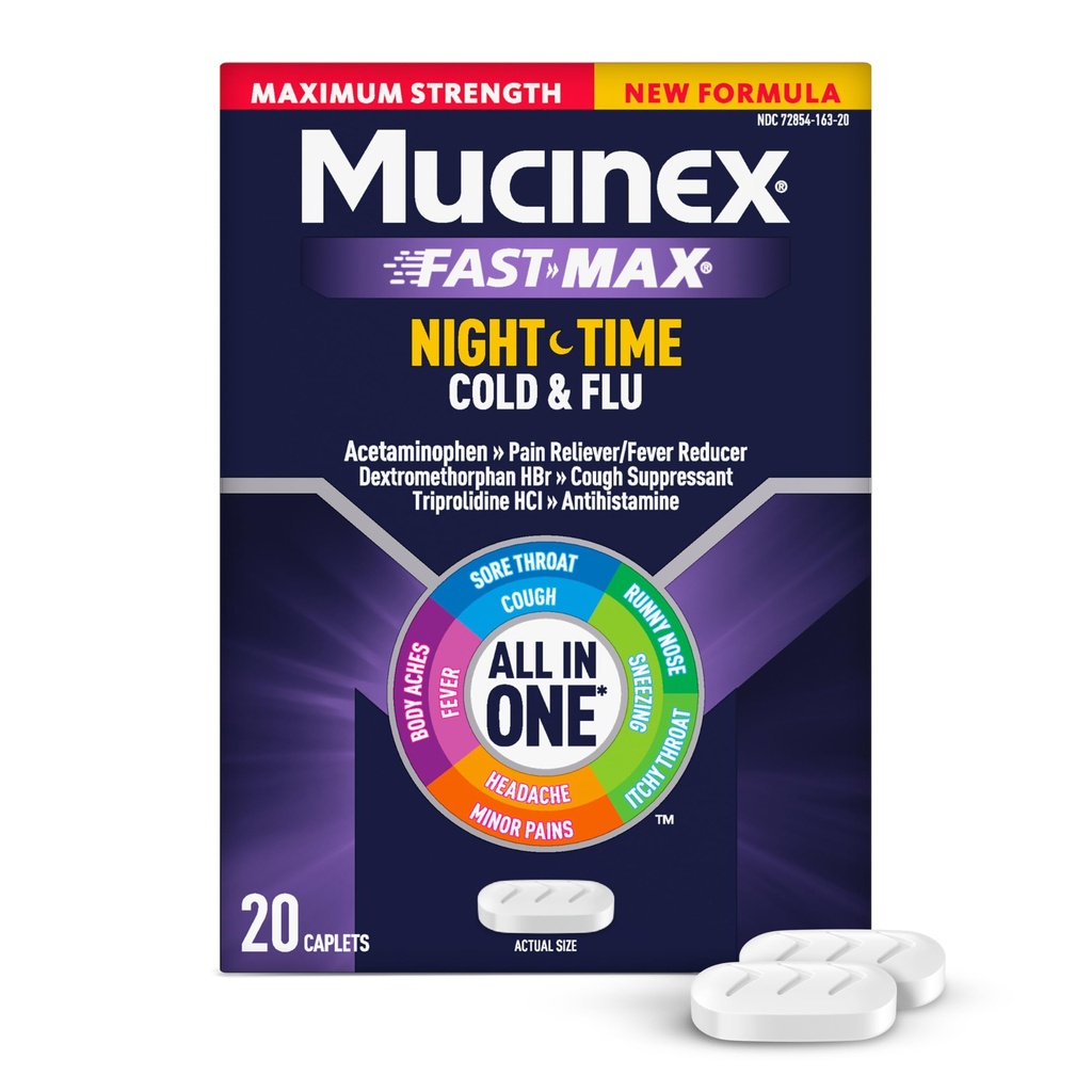 Mucinex Nightshift Ψυχρό & Γρίπη, Μέγιστη δύναμη Ισχυρή Περιήγηση Νύχτας Multi-Συμπτωμάτων, 20 Αιχμές Γρήγορης Απελευθέρωσης - Πόνος Αναπνευστήρας / Πυρετός Μειωτής, Θραυστικό Βήχα, Αντιισταμινικό