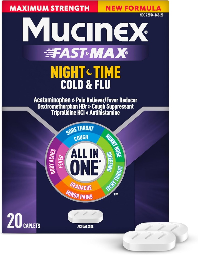 Mucinex Nightshift Ψυχρό & Γρίπη, Μέγιστη δύναμη Ισχυρή Περιήγηση Νύχτας Multi-Συμπτωμάτων, 20 Αιχμές Γρήγορης Απελευθέρωσης - Πόνος Αναπνευστήρας / Πυρετός Μειωτής, Θραυστικό Βήχα, Αντιισταμινικό