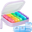 Cute Pill Organizer 3 Times a Day, Large Daily Pill Case for Women, Portable Pill Box 7 Day for Purse with Bag & Zipper to Hold Vitamins, Medications, Fish Oils, Supplements (Purple)