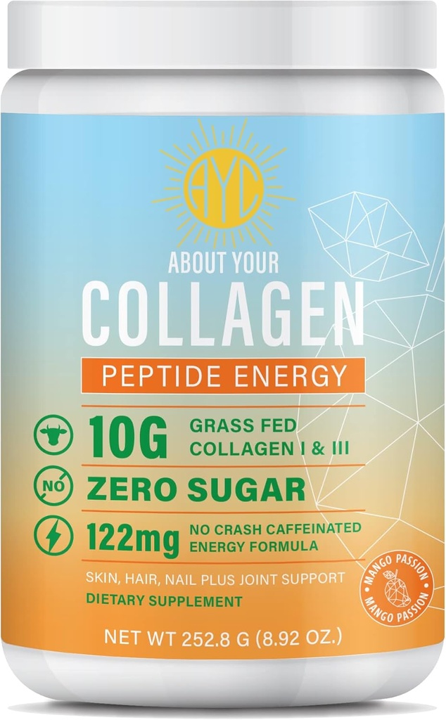 Peptide Energy Collagen Σκόνη μαλλιών, νυχιών, δέρματος, τύπου I & III, καφεΐνη για την ενέργεια, βιταμίνη C, Βιοτίνη, Υαλουρονικό οξύ, Zero Sugar – 8,92 oz (Mango Passion)