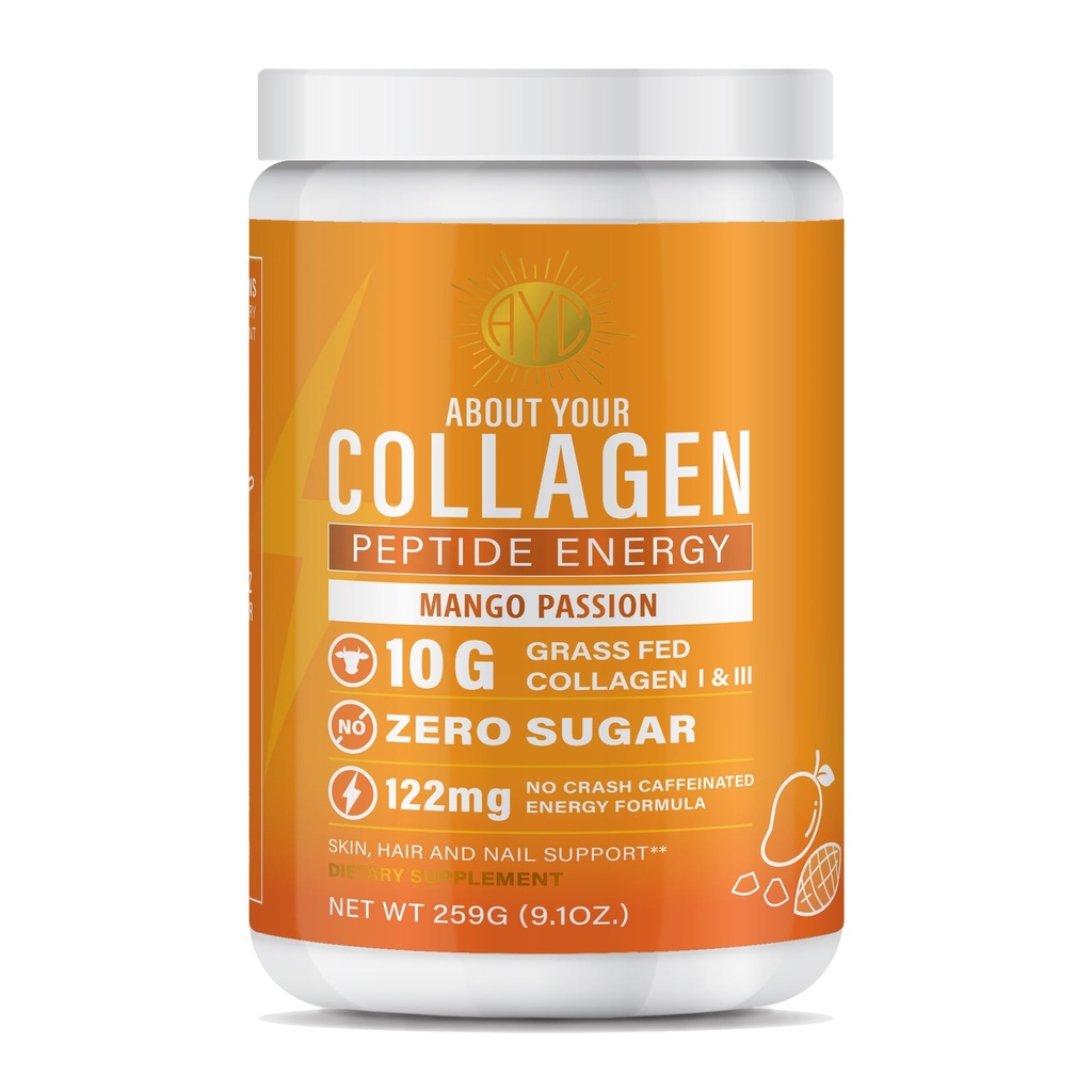 Peptide Energy Collagen Σκόνη μαλλιών, νυχιών, δέρματος, τύπου I & III, καφεΐνη για την ενέργεια, βιταμίνη C, Βιοτίνη, Υαλουρονικό οξύ, Zero Sugar – 8,92 oz (Mango Passion)