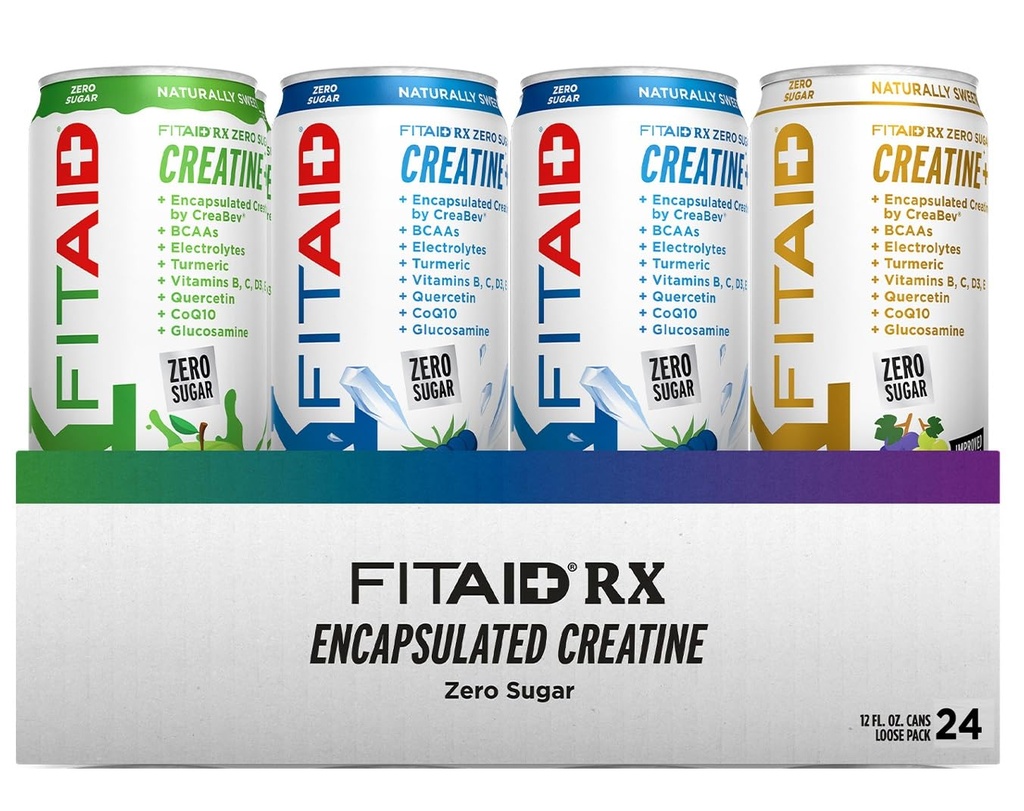 FITAID RX Zero Ζάχαρη, εγκλωβισμένη κρεατίνη, Αποκατάσταση της προπόνησης Ποτό, All-In-One Blend, BCAAs, Γλυκοζαμίνη, Κουρκουμάς, B-Complex, Ηλεκτρολύτες, Συσκευασία Ποικιλίας, 12 Fl Oz (πακέτο των 24)