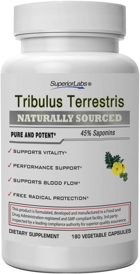 Superior Labs - Tribulus Terrestris - Υποστήριξη απόδοσης & Cortisol Blocker με 45% Σαπωνίνες, Υψηλή Ικανότητα & Καθαρή δόση 1500mg, 180 Καπάκια λαχανικών - Υποστηρίζει Ζωτικότητα - με Προστέθηκε BioPerine®