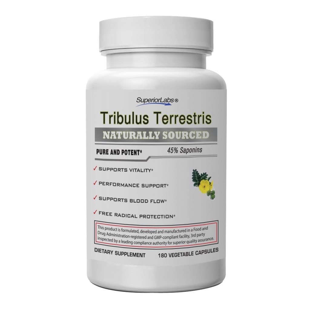 Superior Labs - Tribulus Terrestris - Υποστήριξη απόδοσης & Cortisol Blocker με 45% Σαπωνίνες, Υψηλή Ικανότητα & Καθαρή δόση 1500mg, 180 Καπάκια λαχανικών - Υποστηρίζει Ζωτικότητα - με Προστέθηκε BioPerine®