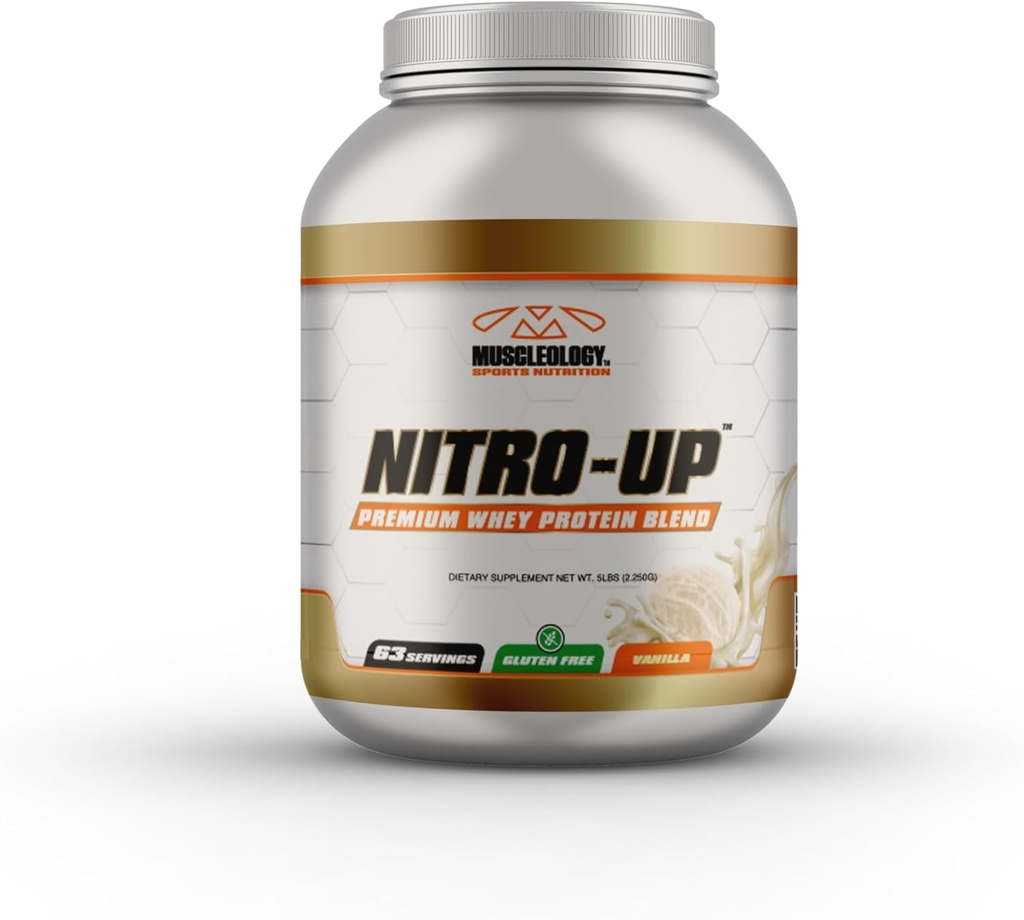 MUSCLEOLOGY Nitro-Up Υδρολυμένη πρωτεΐνη ισομερών ορού γάλακτος, εγχυμένη με BCAAs, EAA, και Digestive Enzymes (Βανίλια, 5 Λίρες)