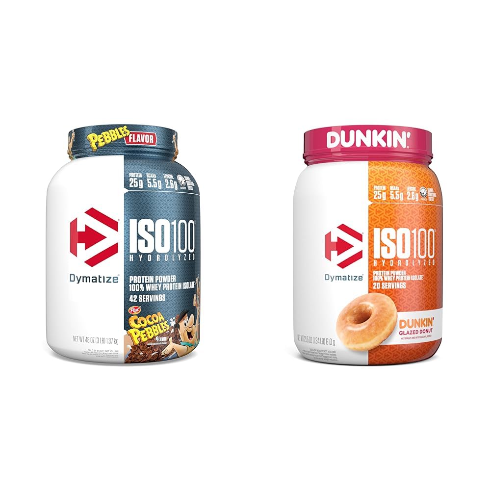 Dymatize ISO100 Hydrolyzed Protein Powder, 100% Whey Isolate, 25g of Protein, 5.5g BCAAs & ISO100 Hydrolyzed Protein Powder, 100% Whey Isolate, Dunkin' Glazed Donut Flavor
