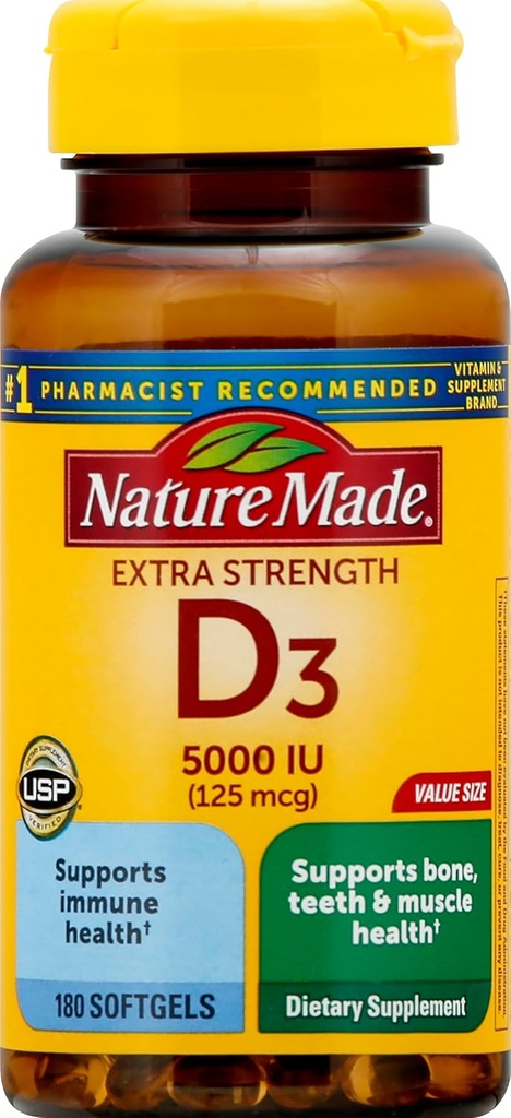 Επιπλέον δύναμη Βιταμίνη D3 5000 IU (125 mcg), 180 Softgels Μέγεθος Αξίας, Υψηλή ισχύς Η βιταμίνη D βοηθά στην υποστήριξη της ανοσοποιητικής υγείας, των ισχυρών οστών και των δοντιών, & λειτουργία μυών