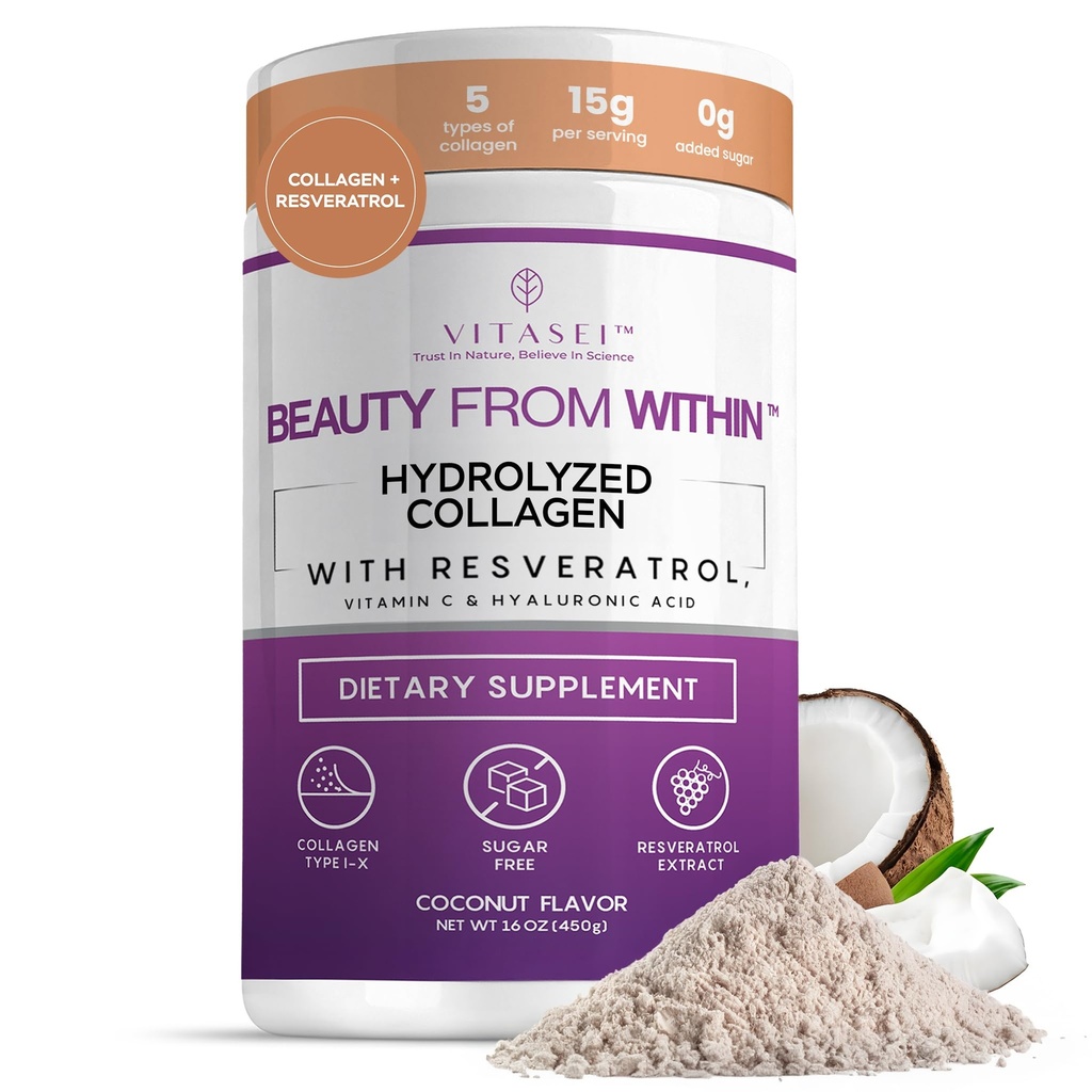 VITASEI Hydrolyzed Collagen Peptides Σκόνη με βιταμίνη C & ρεσβερατρόλη - Μαλλιά, δέρμα και νύχια Βιταμίνες για γυναίκες & άνδρες - Συμπληρώματα οστών και κοινών - Coconut Flavored - 16 oz