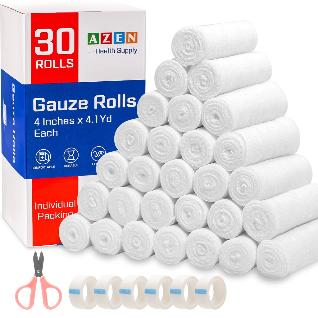 AZEN 30 Pack Gauze Rolls Banges, 4 σε x 4.1 Yards, Premium Ιατρικές Προμήθειες & Πρώτες Βοήθειες Προμήθειες, Δέσμη Wrap Vet Wrap, Μούμια Wraps
