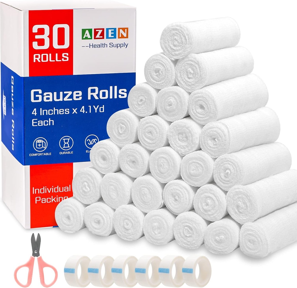 AZEN 30 Pack Gauze Rolls Banges, 4 σε x 4.1 Yards, Premium Ιατρικές Προμήθειες & Πρώτες Βοήθειες Προμήθειες, Δέσμη Wrap Vet Wrap, Μούμια Wraps