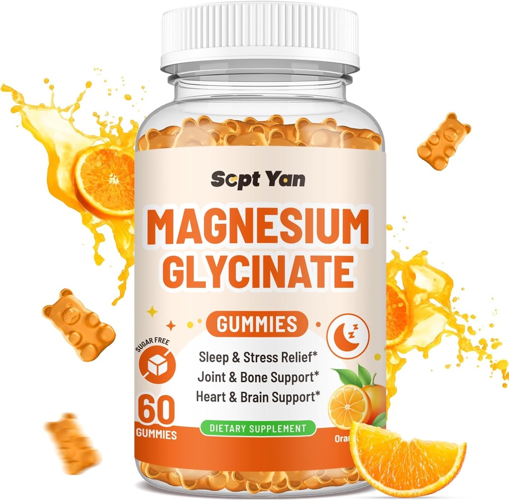 Magnesium Gummies for Adults - Συμπλήρωμα γλυκινικού μαγνησίου με βιταμίνη Β6, L- θεανίνη, Βιταμίνη D, CoQ10 - Μαγνήσιο Comlex Gummies για Mood, Οστέινο & Μυϊκό, Χωρίς ζάχαρη Γεύση Πορτοκαλιού 60 ct