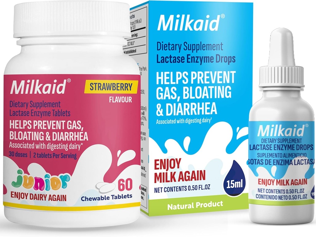 Milkaid Junior Lactase Enzyme Chewable Tables Lactase Drops for Lactose Infenderance Relief 