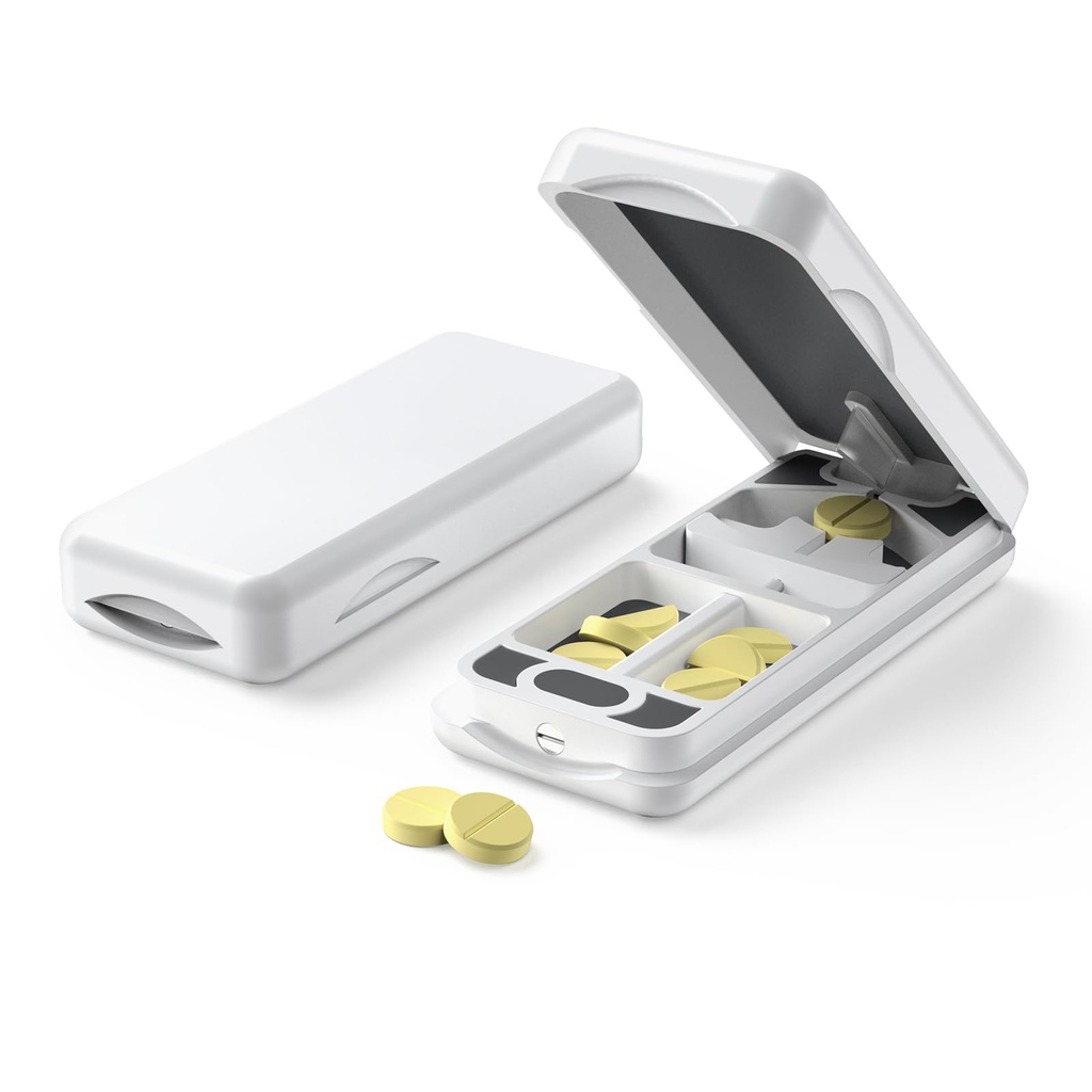 JEINAPA Pill Cutter with Auto Centering Device, Plastic Pill Splitter with 316L Stainless Blade, Genuine Leather Case, Professional Pill Splitter for Cutting Small Pills or Large Pills, White