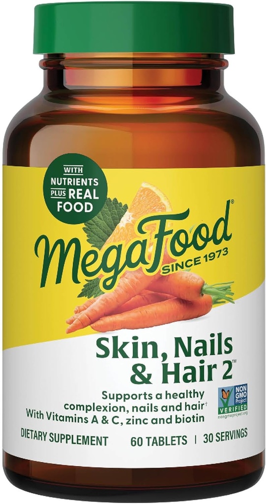 MegaFood Skin, Nails & Hair 2 - Βιταμίνες για γυναίκες & άνδρες - Βιοτίνη, Βιταμίνη Α, C, Ψευδάργυρος, B6, E, Παντοθενικό Οξύ - Vegan - Made Without 9 Food Allergens - 60 Tabs (30 Servings)