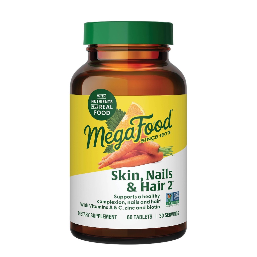 MegaFood Skin, Nails & Hair 2 - Βιταμίνες για γυναίκες & άνδρες - Βιοτίνη, Βιταμίνη Α, C, Ψευδάργυρος, B6, E, Παντοθενικό Οξύ - Vegan - Made Without 9 Food Allergens - 60 Tabs (30 Servings)