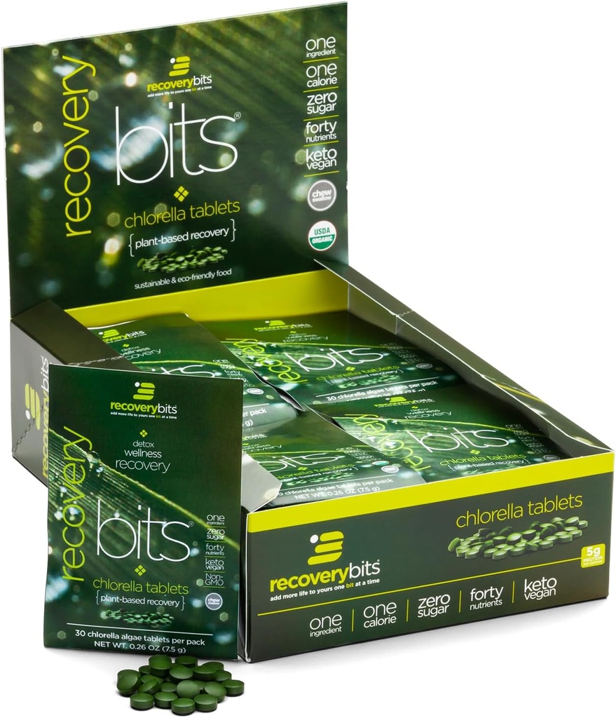 RECOVERYbits - Βιολογικά Δισκία Chlorella - Φυτικά Άλγη Superfood - Χλωροφύλλη - Ρωγμή Τοίχωμα κυττάρων - Ενέργεια - Ανοσοποιητικό Σύστημα - Detox - Keto - Vegan - Μη ΓΤΟ - Κουτί των 30 Πουγκιών - 900 Tabletισκία