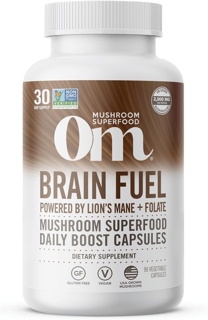 OM MUSHROOM SUPERFOOD brain Fuel Mushroom Powder Capsules Superfood Supplement, 90 Count, 30 Days, Lion's Mane, Reishi Blend Plus Folate, Mental Clarity, Mushroom Supplement