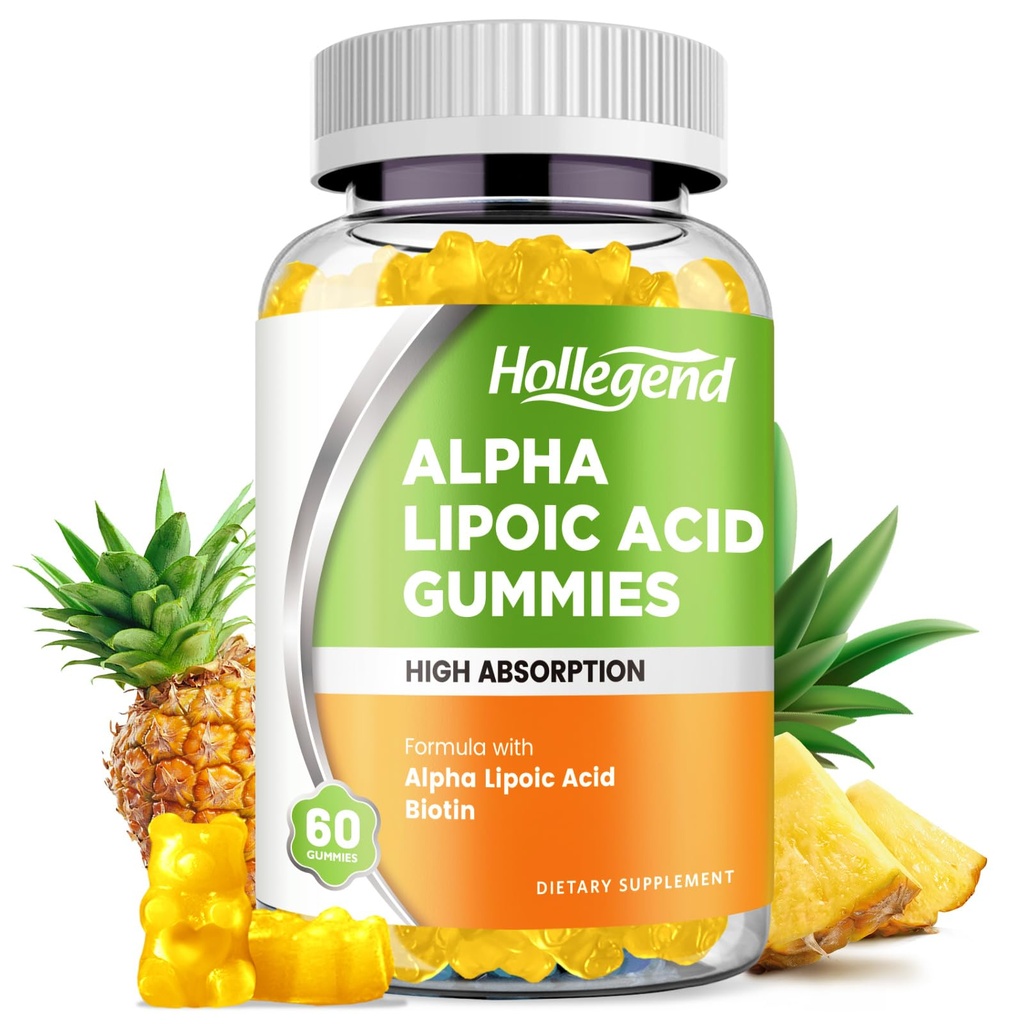 Άλφα Lipoic Acid Gummies 1000Mg με Βιοτίνη, Υψηλή απορρόφηση Μασώμενο συμπλήρωμα ALA για Αντιοξειδωτικό, Εγκεφαλική Υγεία και Νευρική Υποστήριξη, Ανανάς Γεύση, Χωρίς ζάχαρη, 60 μάσημα