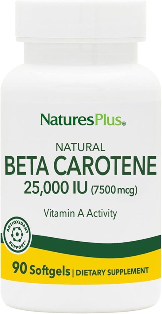 Natures Plus Natural Beta Carotene - 25,000 iu Vitamin A & Vitamin E, 90 Softgels - Eye Supplement, Antioxidant, Aids in Free Radical & Natural Cellular Defense - Gluten-Free - 90 Servings