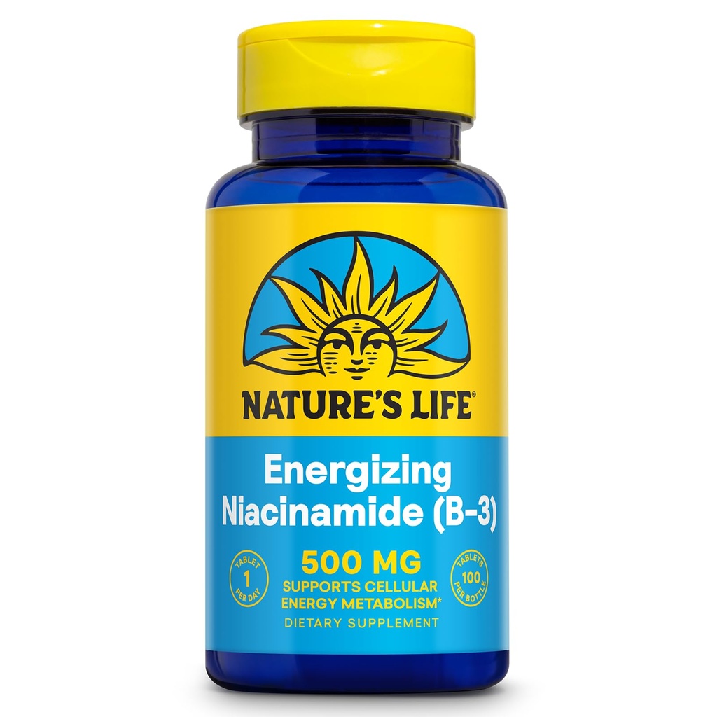 Nature's Life Energying Niacinamide 500mg - Χωρίς Flush Vitamin B 3 Niacin Supplement - Νευρική λειτουργία, Μεταβολισμός και υγιής ενεργειακή υποστήριξη - 60 ημερών εγγύηση, εργαστήριο Επαληθευμένο, 100 σερβιέτες, 100 δισκία