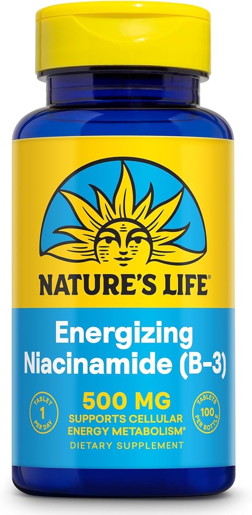 Nature's Life Energying Niacinamide 500mg - Χωρίς Flush Vitamin B 3 Niacin Supplement - Νευρική λειτουργία, Μεταβολισμός και υγιής ενεργειακή υποστήριξη - 60 ημερών εγγύηση, εργαστήριο Επαληθευμένο, 100 σερβιέτες, 100 δισκία