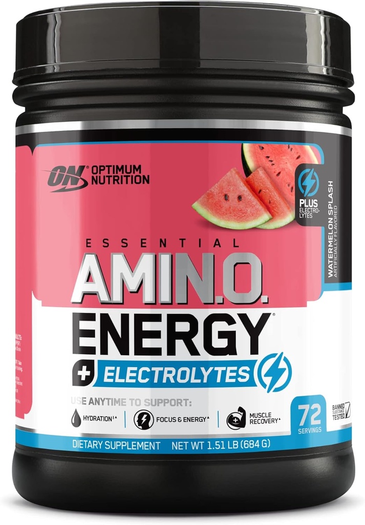Optimum Nutrition Essential AMIN.O Ενέργεια & Ηλεκτρόλυτες - Ενέργεια, Εστίαση & Μετα-Εργασία αποκατάσταση μυών - Καρπούζι Προ-Εργασία Ηλεκτρολυτικό Ποτό σκόνης - Watermelon Splash, 1,51 lb (72 εξυπηρετούν)