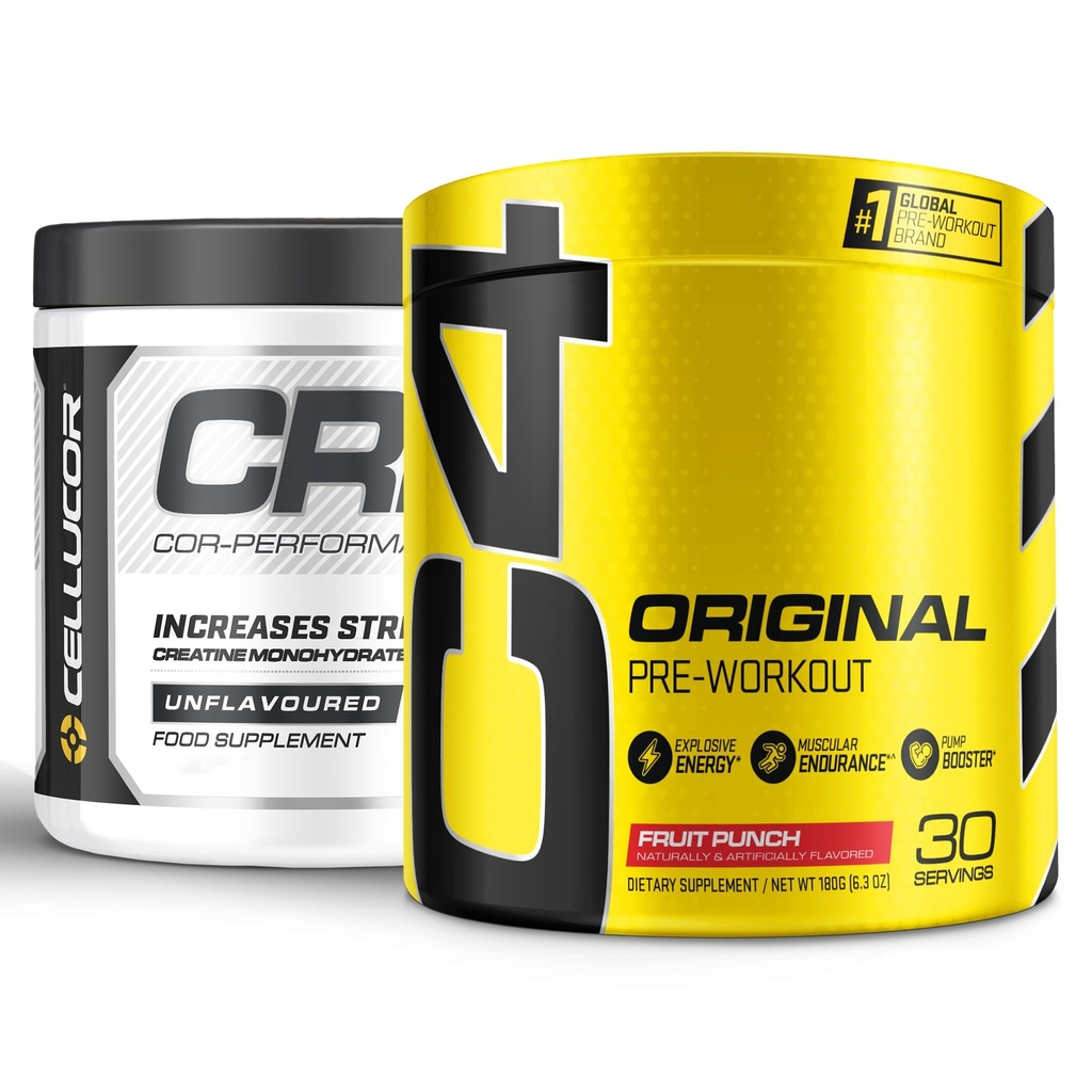 Cellucor Pre Processing & Creatine Bundle, C4 Original Pre Workout Powder, Fruit Punch, 30 εξυπηρετήσεις + Cor Performance Creatine Powder, 72 υπηρεσίες