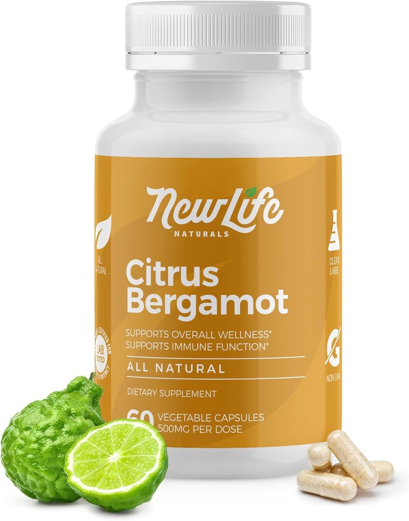 NewLife Naturals Citrus Bergamot Συμπληρώματα 500 MG - Heart Health - Συμπλήρωμα για την ευεξία και τη γήρανση Υποστήριξη - Pure Extract Formula - 60 κάψουλες λαχανικά