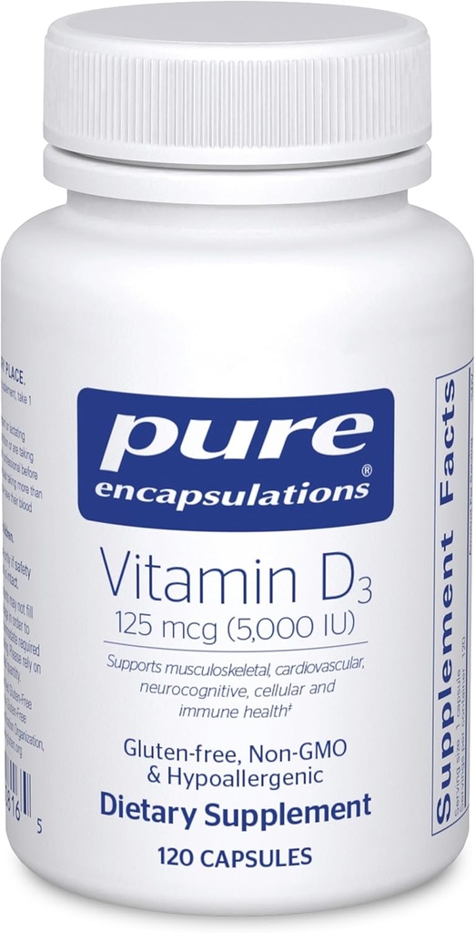 Pure Encapsulations Βιταμίνη D3 125 mcg (5,000 IU) - Συμπλήρωμα Υποστήριξης Οστών, αρθρώσεων, μαστού, καρδιάς, παχέος εντέρου και ανοσοποιητικής υγείας* - με βιταμίνη D - 120 κάψουλες