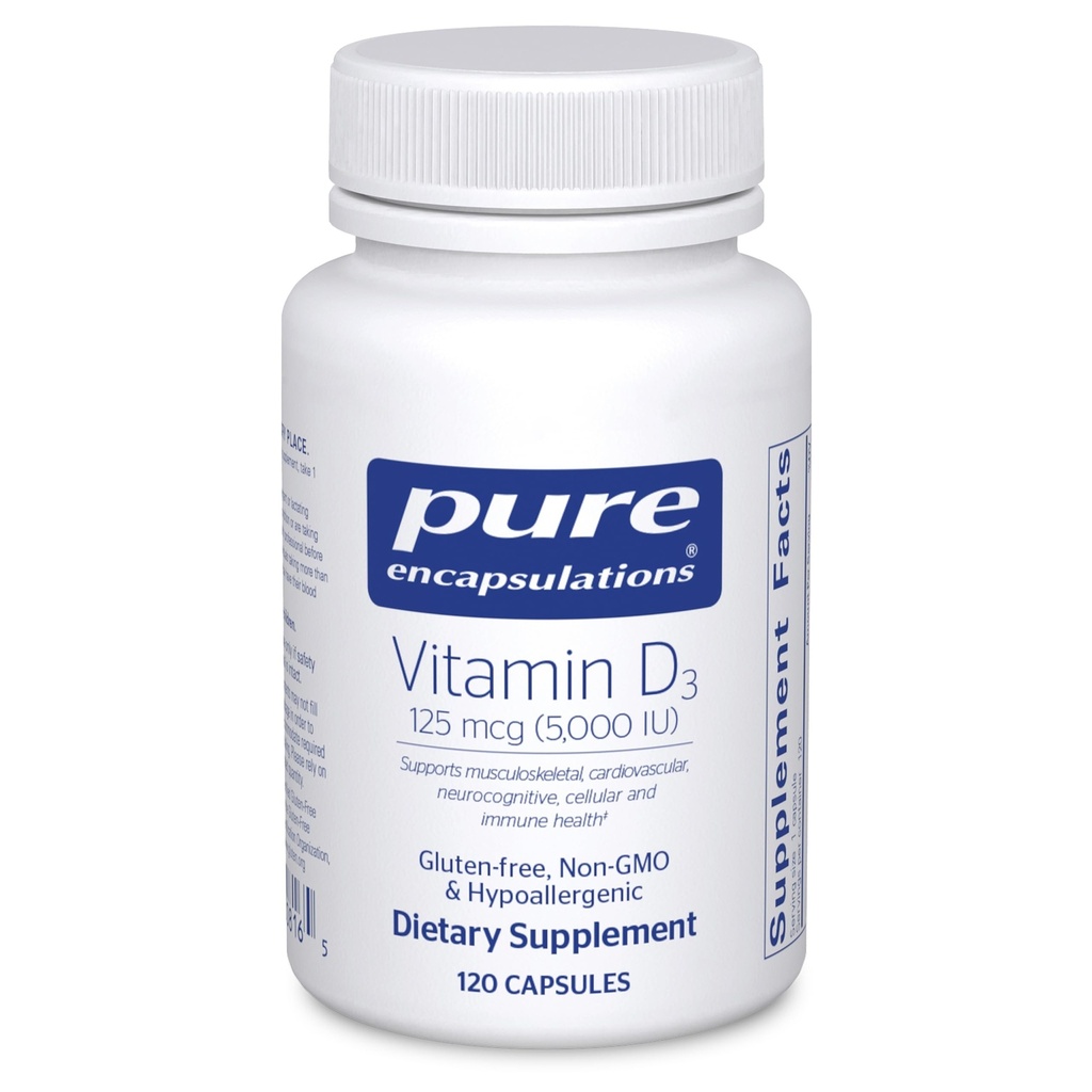 Pure Encapsulations Βιταμίνη D3 125 mcg (5,000 IU) - Συμπλήρωμα Υποστήριξης Οστών, αρθρώσεων, μαστού, καρδιάς, παχέος εντέρου και ανοσοποιητικής υγείας* - με βιταμίνη D - 120 κάψουλες