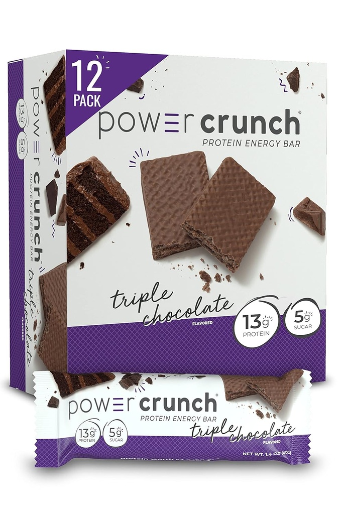 Power Crunch Protein Wafer Bars, Υψηλής πρωτεΐνης σνακ με γευστική γεύση, τριπλή σοκολάτα, 1.4 ουγγιά (12 κόμης)