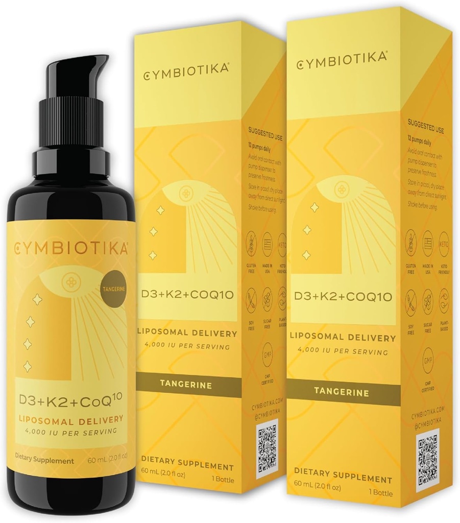 CYMBIOTIKA Βιταμίνη D3 + K2 + CoQ10 Υγρό, Συμπλήρωμα Βιταμίνης D για την Ανοσολογική Υποστήριξη, την Υγεία της Καρδιάς & την Υγεία των Οστών, Ενεργειακό Αναμνηστικό, Λιποσωμική Παράδοση, Vegan, Tangerine Flavor, 2pck (4.0 fl oz.)