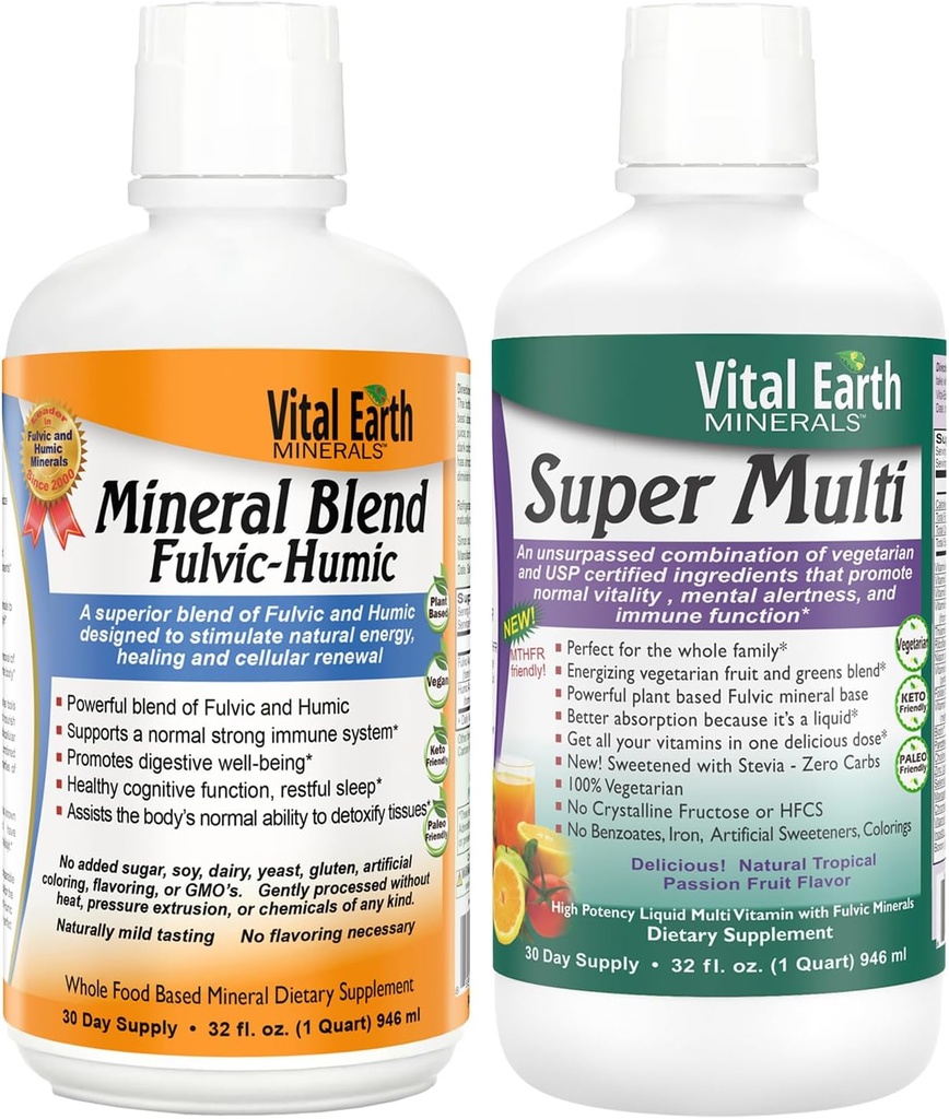 Vital Earth Minerals Detox & Wellness Support – Fulvic Humic Mineral Blend με 70+ Trace Minerals + Super Multi, Liquid Multivitamins, MTHFR Support, 32 Oz Ea