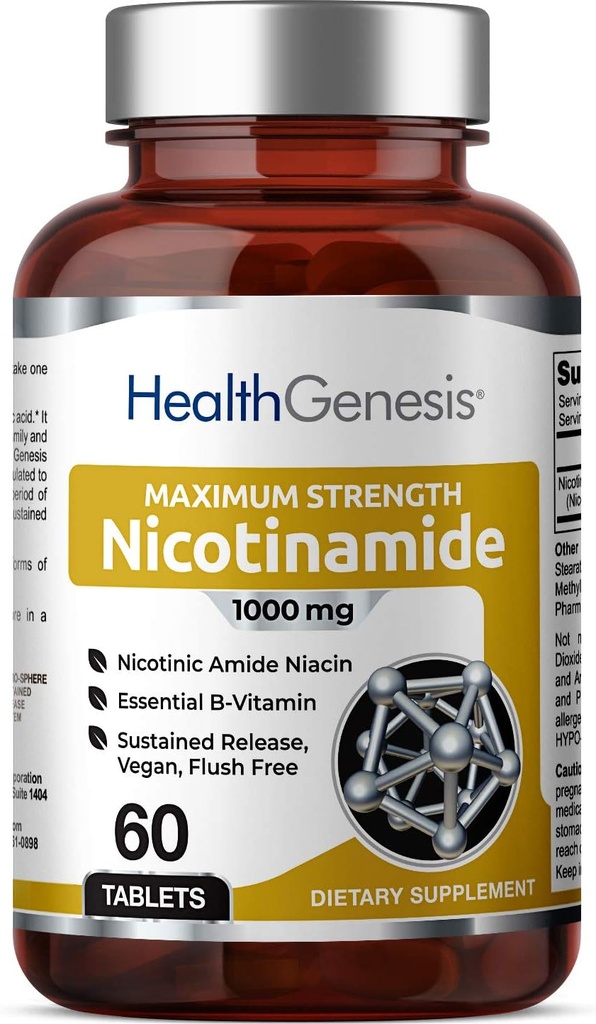 B-3 Nicotinamide 1000 mg 60 Tabs Extra Strength Slow Release - Φυσικό Flush-Free Vitamin Formula 