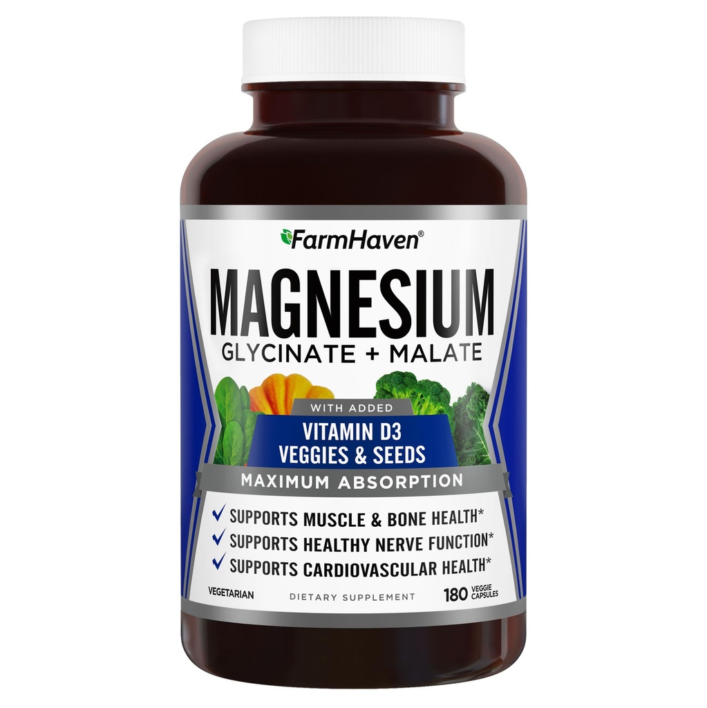 FarmHaven Magnesium Glycinate & Malate Complex w/Vitamin D3, 100% Chelated for Max Απορρόφηση, χορτοφάγοι – Υγεία των οστών, νεύρα, μύες, 180 κάψουλες, 90 ημέρες