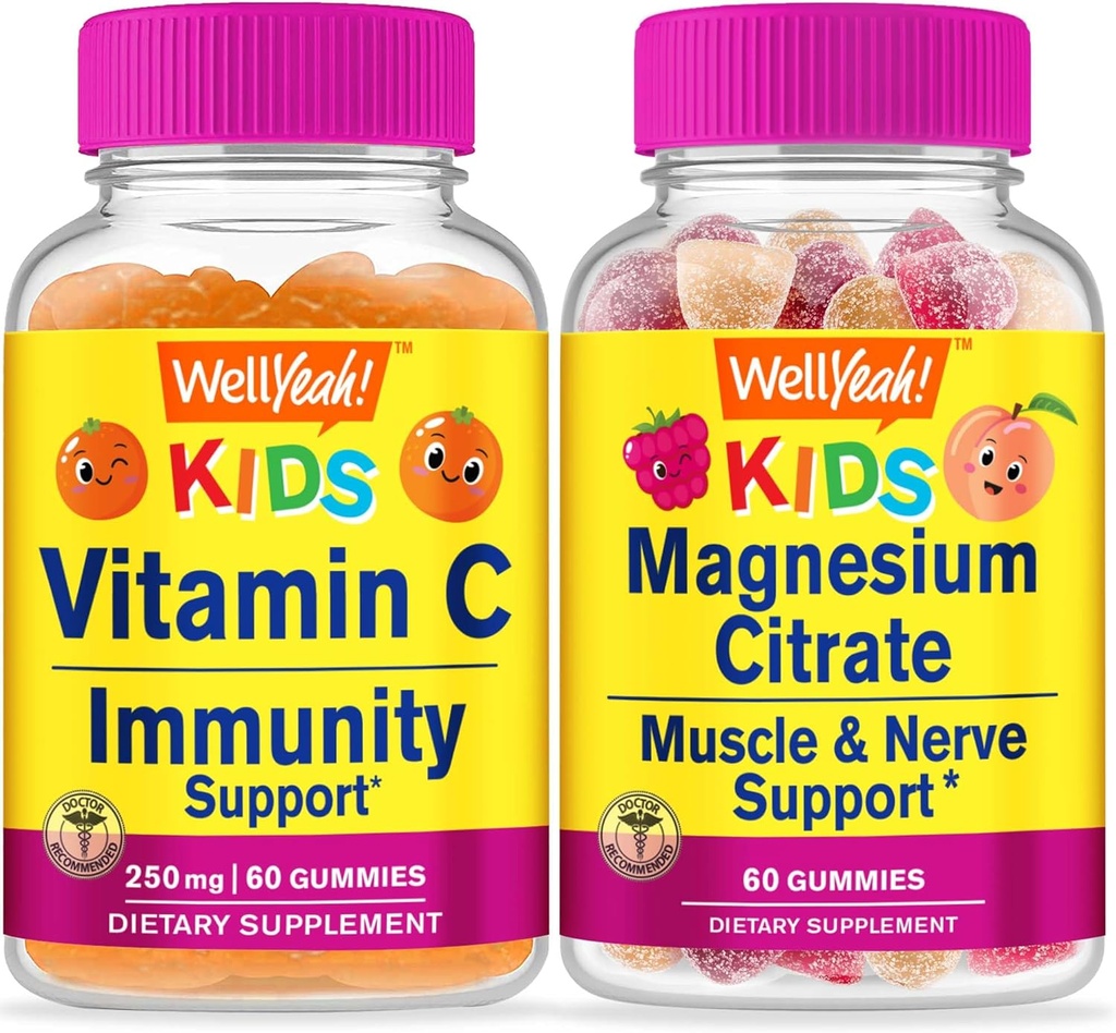 WellYes Vitamin C Kids + Magnesium Citrate Kids, Gummies Bundle - μεγάλη γεύση, συμπλήρωμα βιταμίνης, χωρίς γλουτένη, GMO δωρεάν, μασώμενη κοιλιά